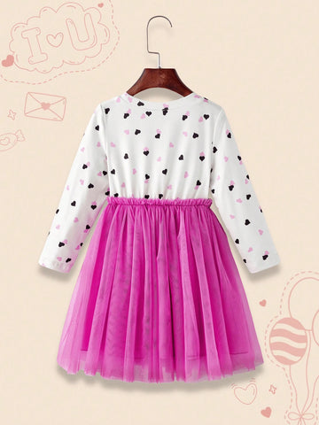 GraphicGems Young Girl Heart Print Mesh Patchwork Mini Dress