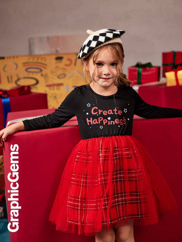 Young Girl Plaid Splicing Mesh Knitted Long Sleeve Christmas Dress