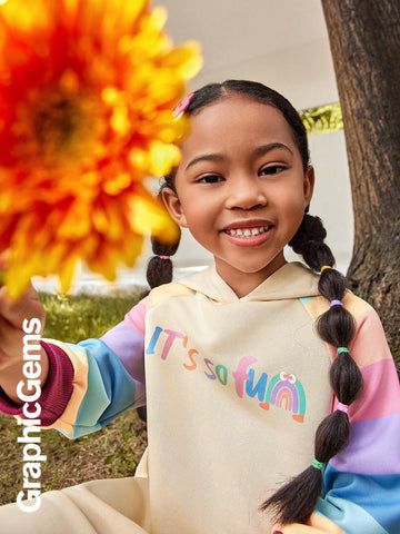 Young Girl Rainbow Striped Raglan Sleeve Hooded Ruffle Hem Sweatshirt Dress