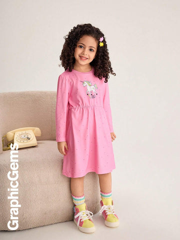 Young Girl Round Neck Long Sleeve Printed Casual Dress