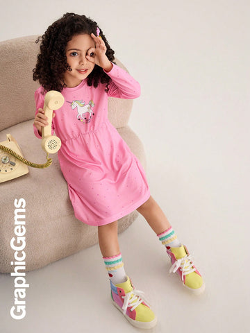 Young Girl Round Neck Long Sleeve Printed Casual Dress