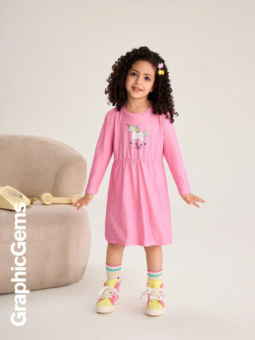 Young Girl Round Neck Long Sleeve Printed Casual Dress