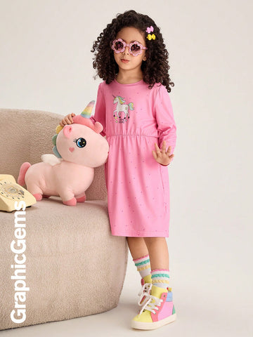 Young Girl Round Neck Long Sleeve Printed Casual Dress