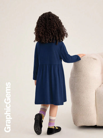 Young Girl Round Neck Long Sleeve Printed Pleated Casual Dress