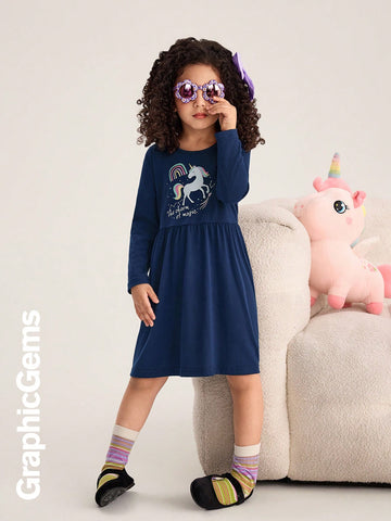 Young Girl Round Neck Long Sleeve Printed Pleated Casual Dress
