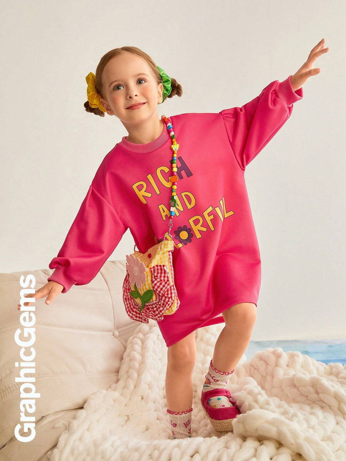 Young Girl Slogan Print Casual Loose Round Neck Long Sleeve Dress, Autumn