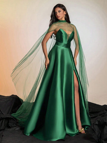 Grass Green Satin & Mesh Collar High-Waisted Women's Evening Dress