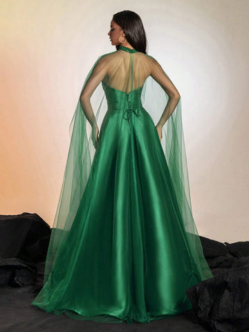 Grass Green Satin & Mesh Collar High-Waisted Women's Evening Dress