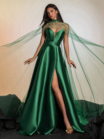 Grass Green Satin & Mesh Collar High-Waisted Women's Evening Dress