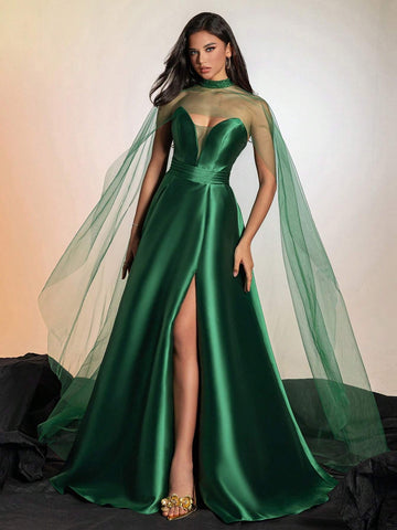 Grass Green Satin & Mesh Collar High-Waisted Women's Evening Dress