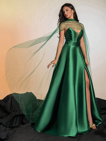 Grass Green Satin & Mesh Collar High-Waisted Women's Evening Dress