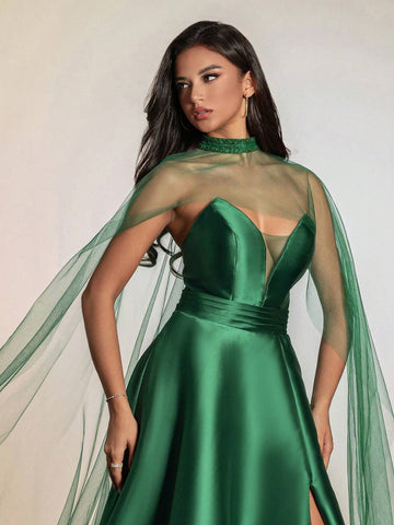 Grass Green Satin & Mesh Collar High-Waisted Women's Evening Dress