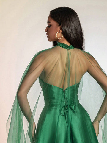 Grass Green Satin & Mesh Collar High-Waisted Women's Evening Dress