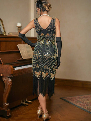 Great Gatsby 1920's Cocktail Party Sequin Tassel Flapper Dress Vintage