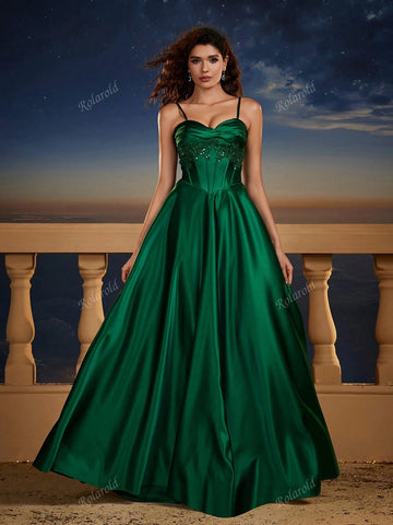 Green Contrast Sequin Shoulder Strap Elegant Corset A-Line Formal Bridesmaid Dress