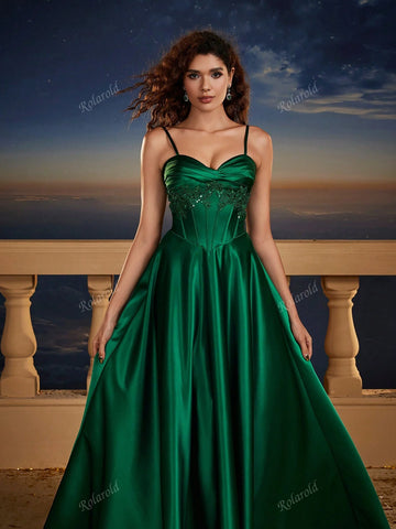 Green Contrast Sequin Shoulder Strap Elegant Corset A-Line Formal Bridesmaid Dress