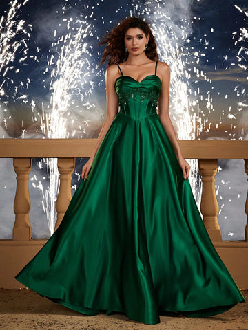 Green Contrast Sequin Shoulder Strap Elegant Corset A-Line Formal Bridesmaid Dress