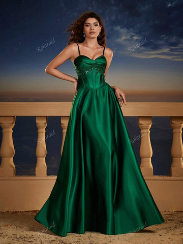 Green Contrast Sequin Shoulder Strap Elegant Corset A-Line Formal Bridesmaid Dress