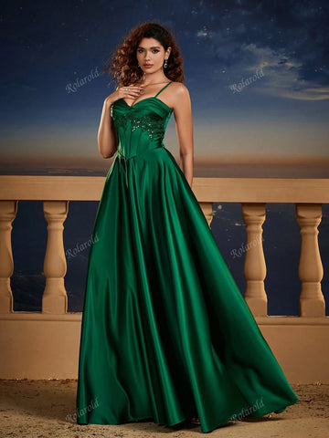 Green Contrast Sequin Shoulder Strap Elegant Corset A-Line Formal Bridesmaid Dress