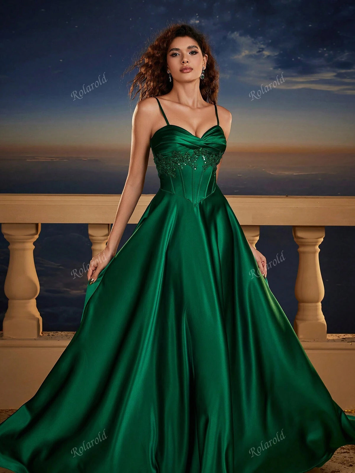 Green Contrast Sequin Shoulder Strap Elegant Corset A-Line Formal Bridesmaid Dress