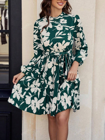 Green Elegant Print Long Sleeve Tie-Waist Dress For Women, Autumn/Winter (Waist Tie With Flap Pocket, Cannot Be Fully Sewn)