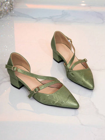 Green Leaf Strap Simple Office Style Low Heel Pointed Toe Hollow Out Fashion Flat Sandals For Women