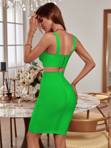 Green Strap Cami Top And Bandage Skirt 2pcs/Set