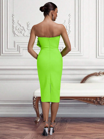 Green Strapless Dress With Slit And Ruffles