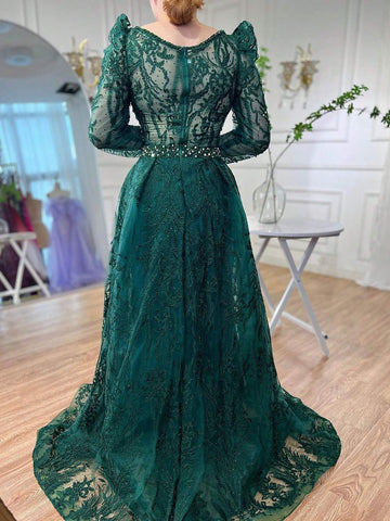 Green Women'S Lace Beaded Bubble Long Sleeve Evening Dress With Train Gowns For Women Party