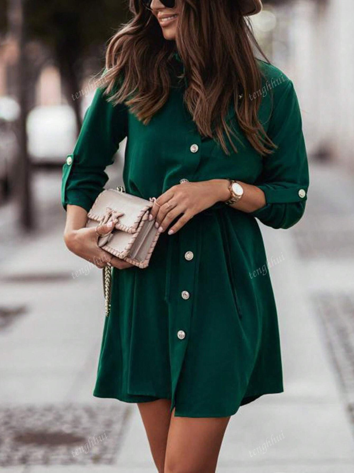 Green Women's Elegant Casual Solid Color Cinched Waist Button Cuff Sleeve Dress, Autumn