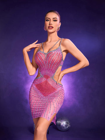 Grey Crystal Cutout Mini Dress