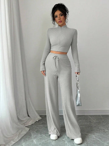 Grey Color Half Zipper Long Sleeve Slim Fit Top And Wide Waistband Wide Leg Pants Two Piece Set,2pcs Set,Fashionable,Simple,Casual,Outdoor,Street,Sporty,Daily,Hot Girl,2024 Women's Autumn And Winter Young Hot Style