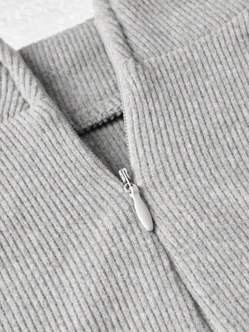 Grey Color Half Zipper Long Sleeve Slim Fit Top And Wide Waistband Wide Leg Pants Two Piece Set,2pcs Set,Fashionable,Simple,Casual,Outdoor,Street,Sporty,Daily,Hot Girl,2024 Women's Autumn And Winter Young Hot Style