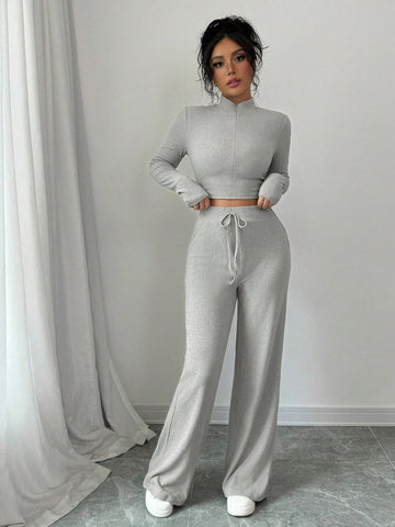 Grey Color Half Zipper Long Sleeve Slim Fit Top And Wide Waistband Wide Leg Pants Two Piece Set,2pcs Set,Fashionable,Simple,Casual,Outdoor,Street,Sporty,Daily,Hot Girl,2024 Women's Autumn And Winter Young Hot Style