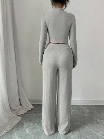 Grey Color Half Zipper Long Sleeve Slim Fit Top And Wide Waistband Wide Leg Pants Two Piece Set,2pcs Set,Fashionable,Simple,Casual,Outdoor,Street,Sporty,Daily,Hot Girl,2024 Women's Autumn And Winter Young Hot Style