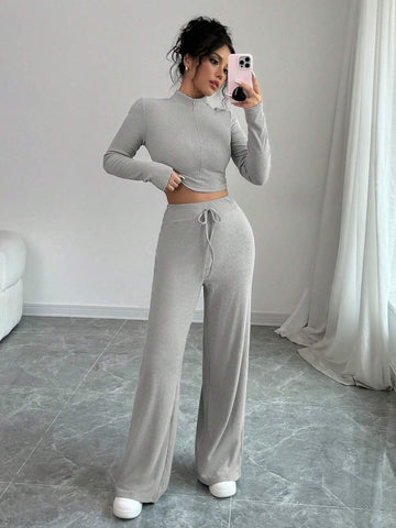 Grey Color Half Zipper Long Sleeve Slim Fit Top And Wide Waistband Wide Leg Pants Two Piece Set,2pcs Set,Fashionable,Simple,Casual,Outdoor,Street,Sporty,Daily,Hot Girl,2024 Women's Autumn And Winter Young Hot Style