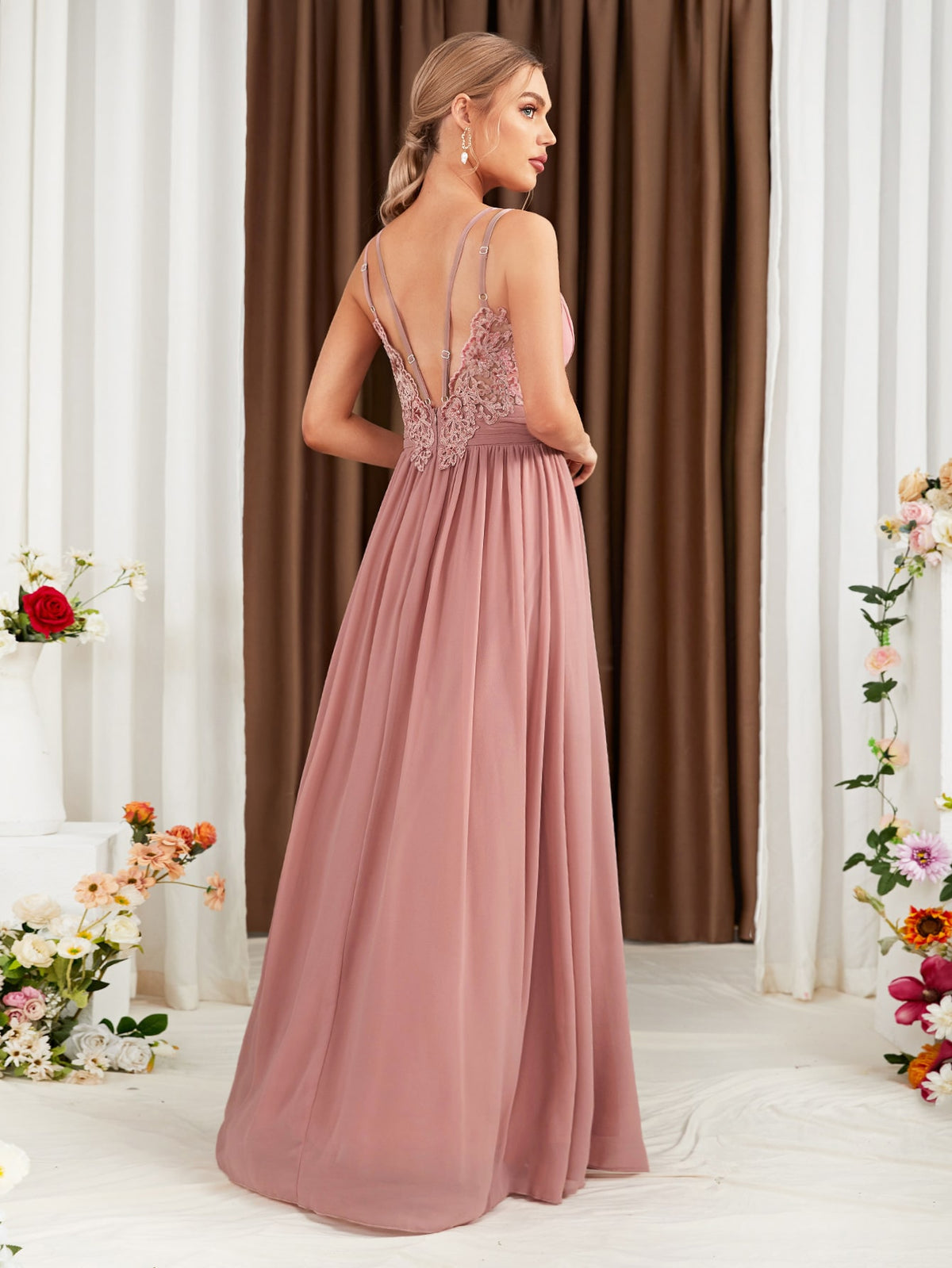 Guipure Lace Insert Chiffon Bridesmaid Dress