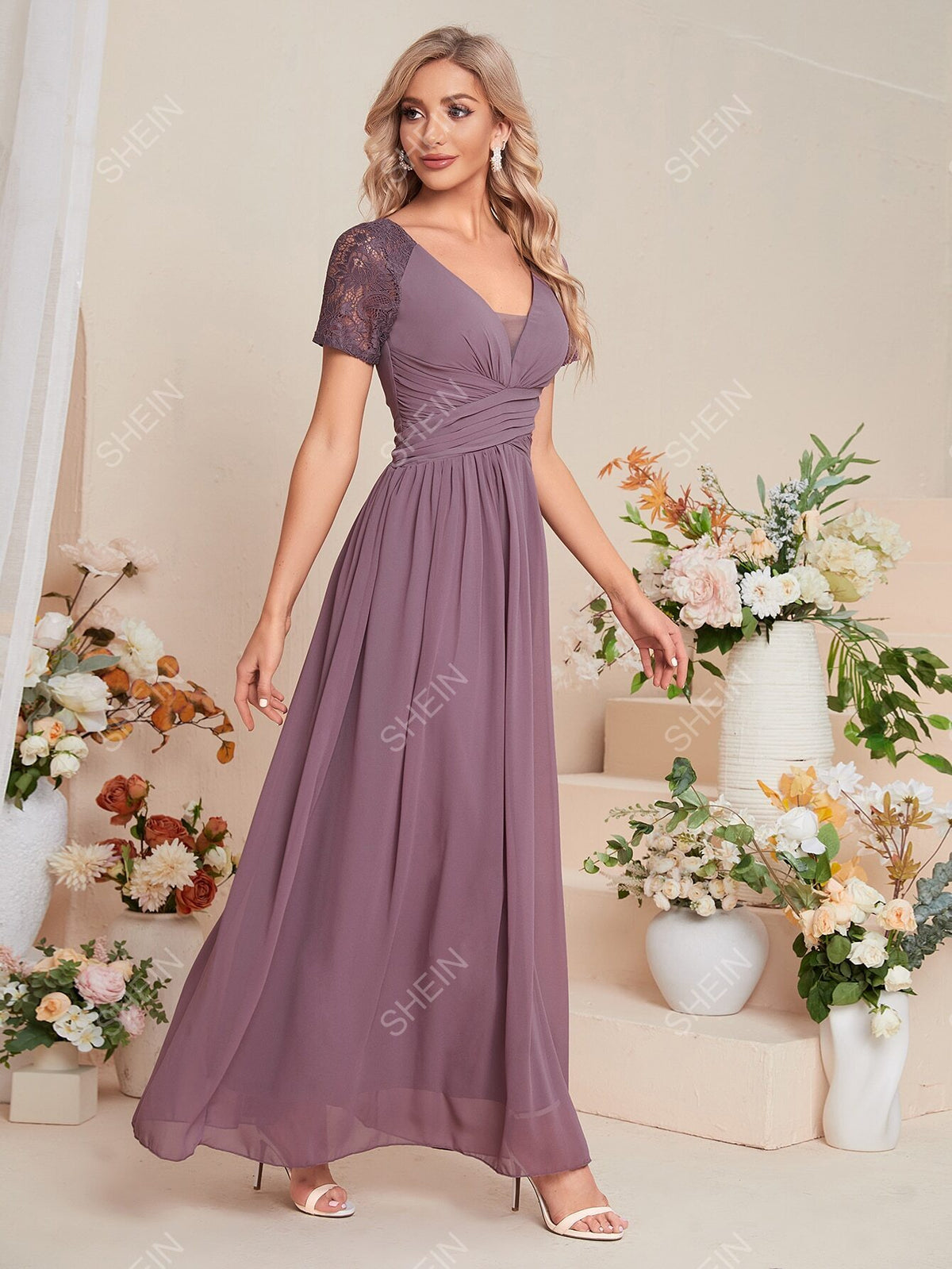 Guipure Lace Insert Chiffon Bridesmaid Dress