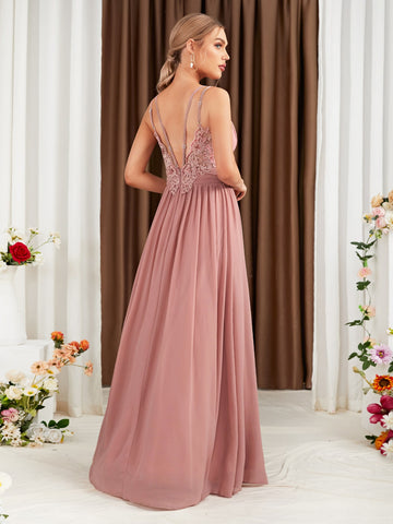 Guipure Lace Insert Chiffon Bridesmaid Dress