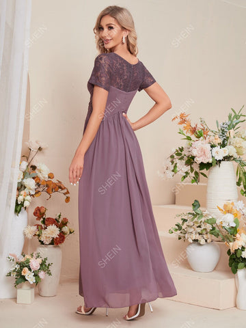Guipure Lace Insert Chiffon Bridesmaid Dress