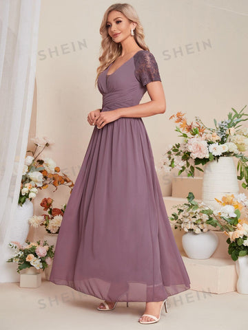 Guipure Lace Insert Chiffon Bridesmaid Dress