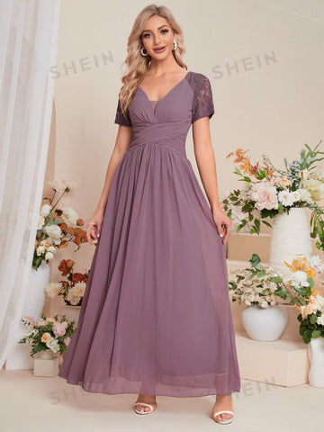 Guipure Lace Insert Chiffon Bridesmaid Dress