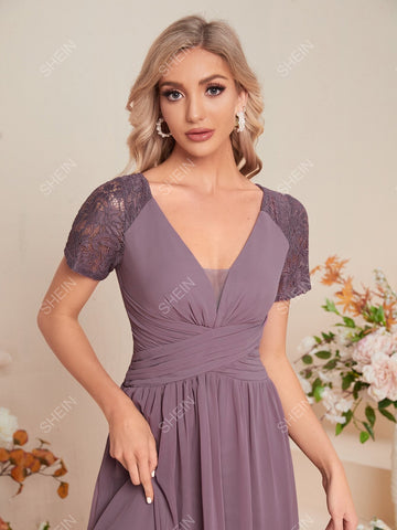 Guipure Lace Insert Chiffon Bridesmaid Dress