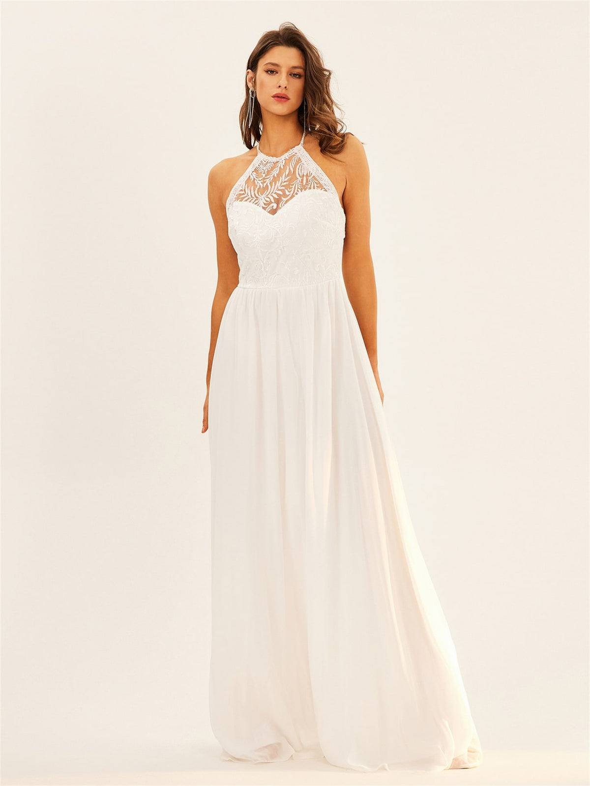 Guipure Lace Insert Halter Neck Backless Chiffon Maxi Wedding Dress
