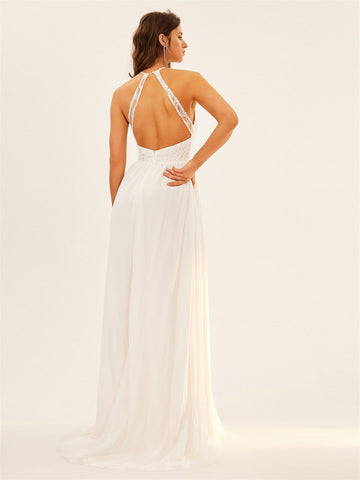 Guipure Lace Insert Halter Neck Backless Chiffon Maxi Wedding Dress