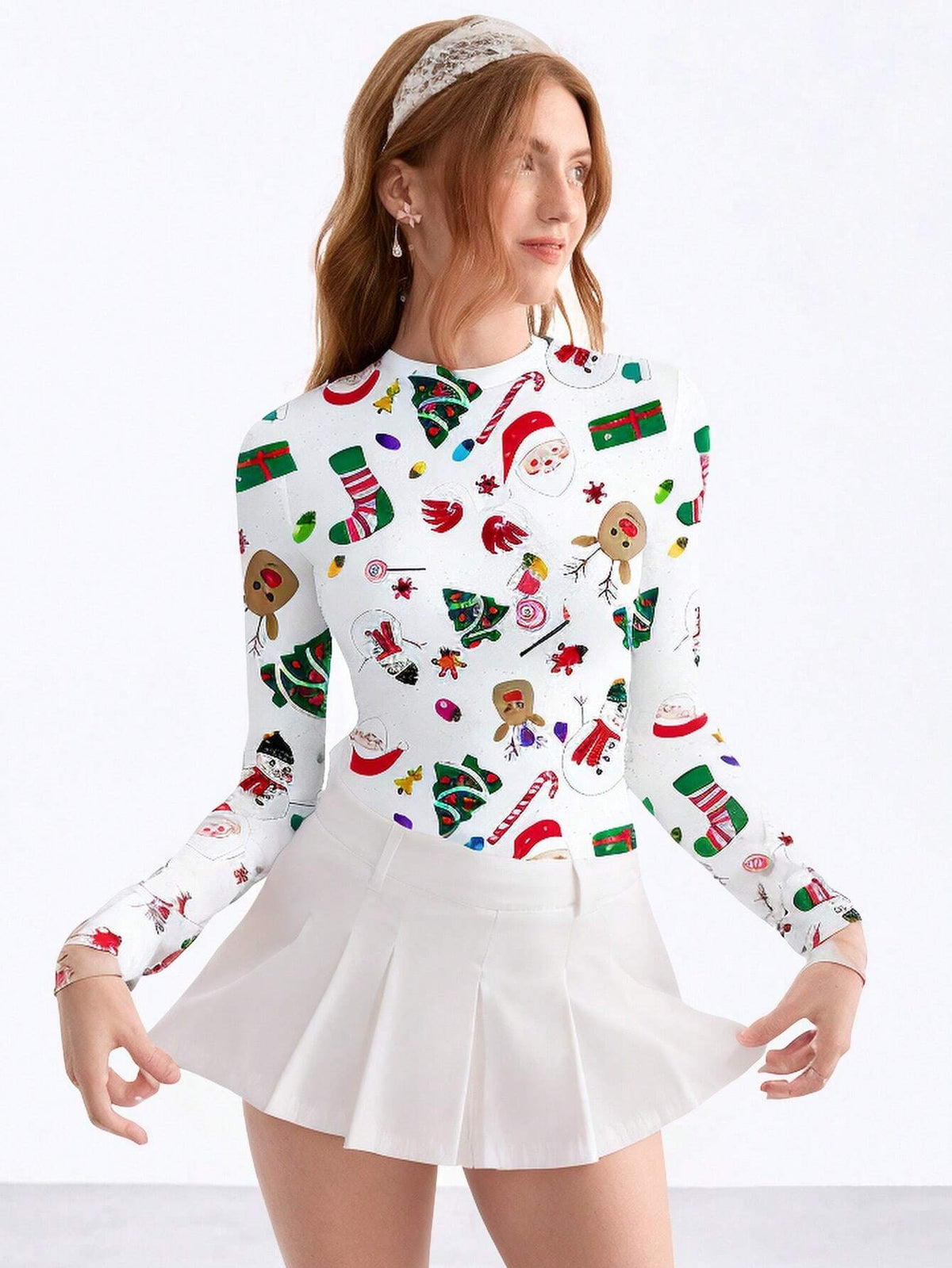 White Casual Minimalist New Year Women Knitwear T-Shirt, Suitable For Women Winter Clothing,