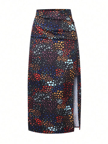 Gulsengunel Women's Floral Print Side Slit Skirt