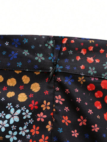 Gulsengunel Women's Floral Print Side Slit Skirt