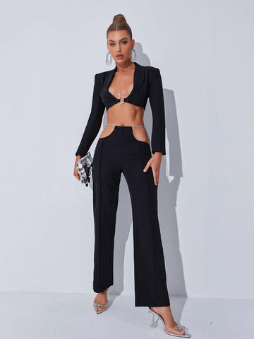 Gwyneth Plunge Chain Cutout Blazer Set In Black