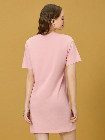 1pc Ravenclaw Owl Graphic Pink Drop Shoulder Tee Dress